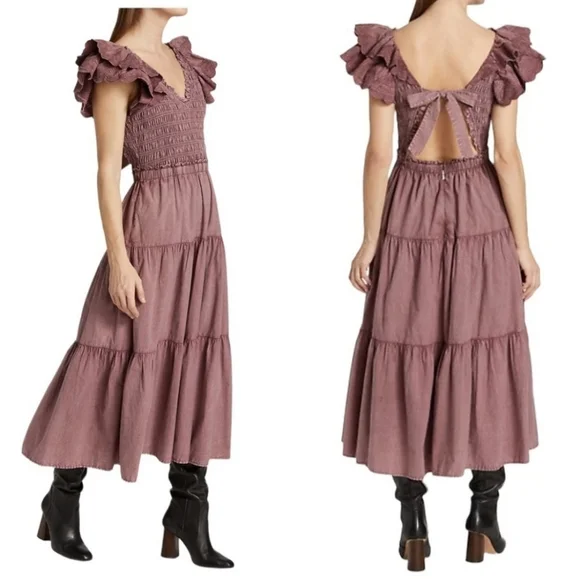 Sea New York Heidi Flutter Sleeve Tiered Dress Midi Open Back Rose Women's 10 - Picture 1 of 15